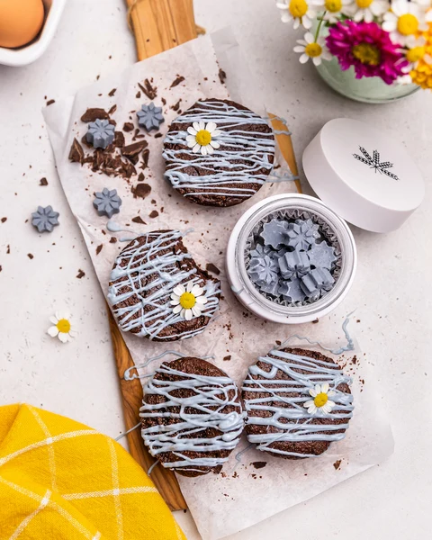 Freshly completed chocolate cannabis brownies with chocolate drizzle and daisies for garnish