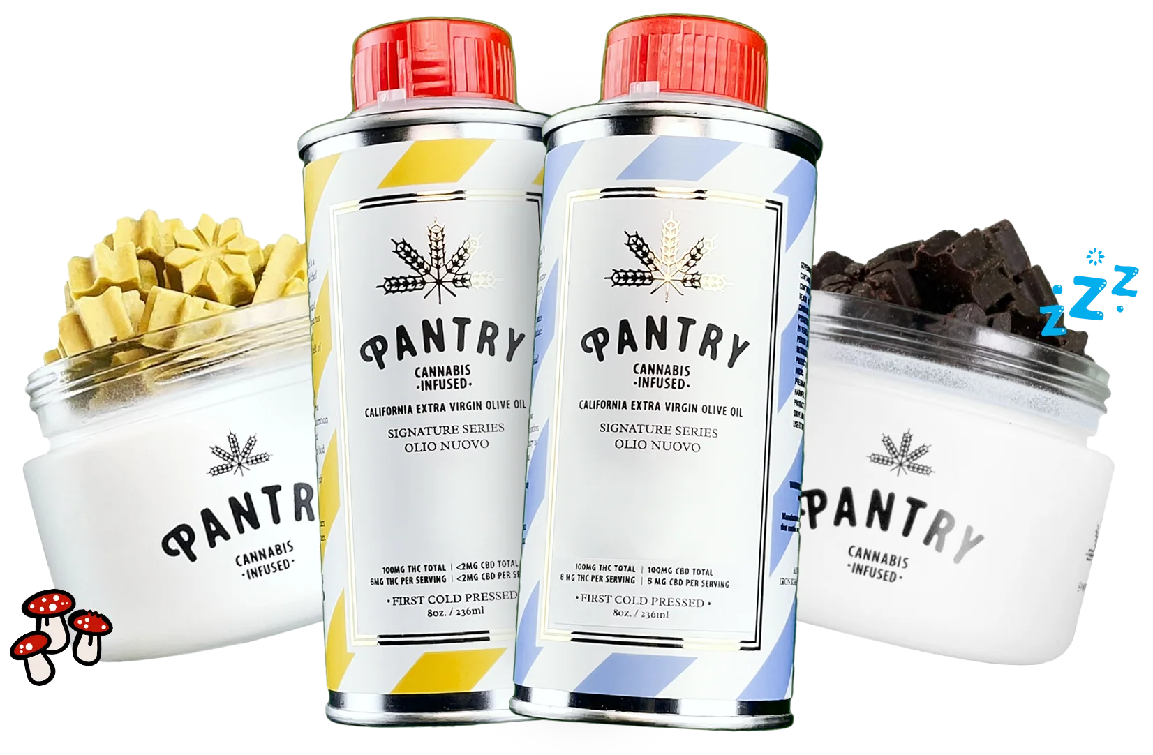 Two Pantry Olive Oil Bottles with their nite bite and good day bite products in the backgorund